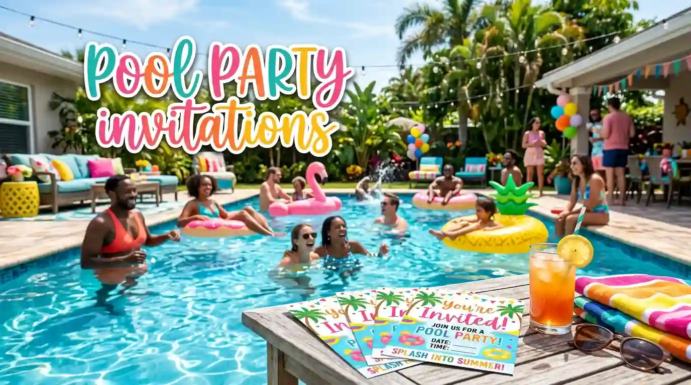Pool party invitation with colorful decorations, swimming pool, balloons, and summer celebration