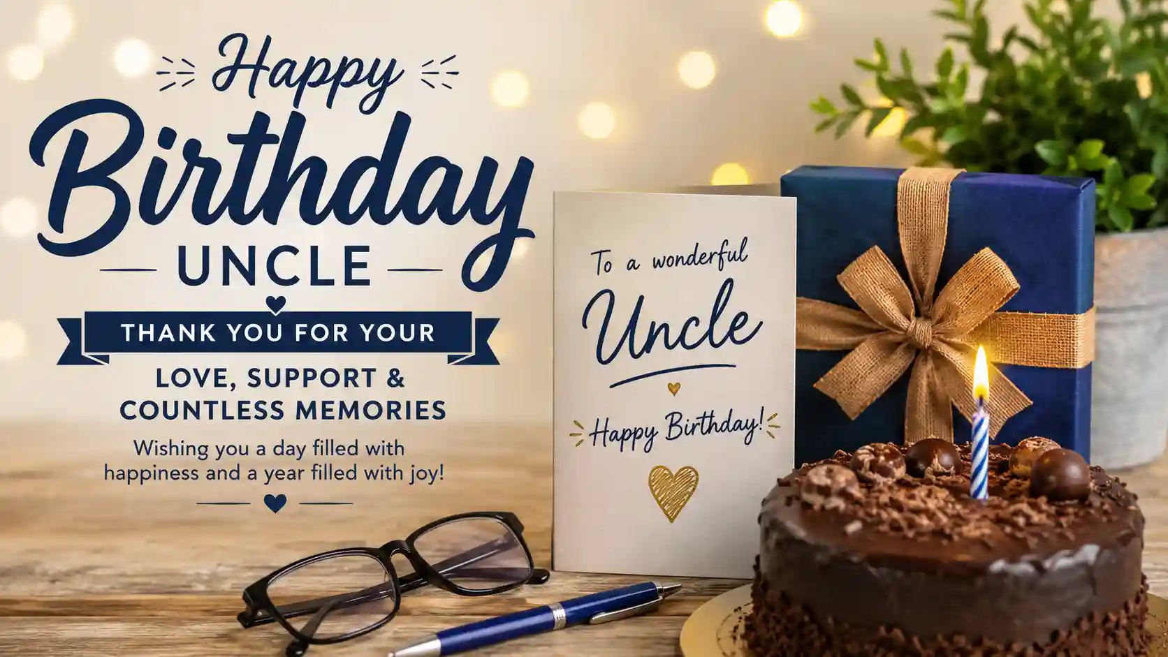 Uncle birthday wishes with a birthday card, gift, cake, and heartfelt message