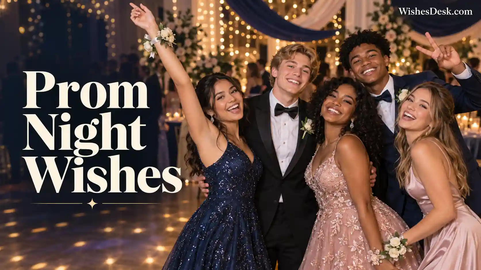Friends celebrating together with prom night wishes at an elegant school dance