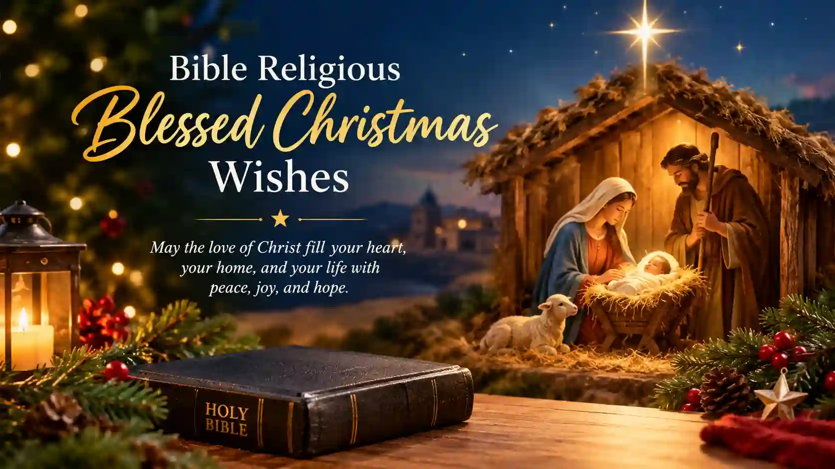Bible religious blessed Christmas wishes with a glowing Nativity scene and baby Jesus.